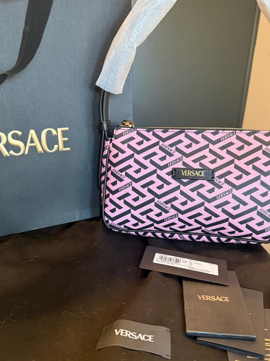 Versace Handbags - Versace La Greca Signature Shoulder Bag Pink Black Canvas Gold Metal Authentic
